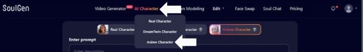 Step 1 - Open the right generator AI Character → Anime Character